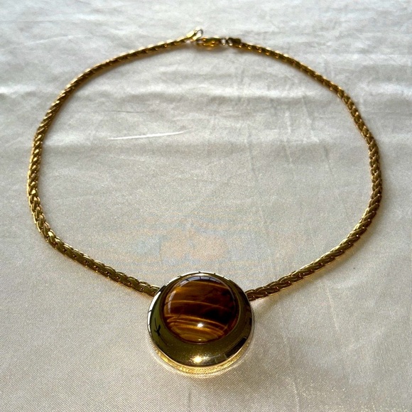 Vintage Tiger's Eye Brown & Gold Round Pendant Slide - Picture 3 of 12